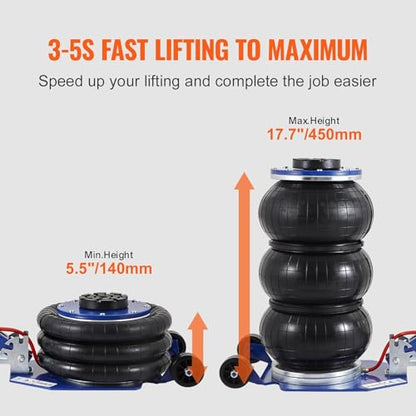 VEVOR Air Jack, 3 Ton/6600 lbs Triple Bag Air Jack, Airbag Jack with Six Steel Pipes, Lift up to 17.7", 3-5 s Fast Lifting Pneumatic Jack, with Adjustable Long Handles for Cars