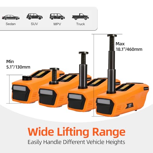 Trihelper Electric Car Jack 5 Ton 12V Hydraulic Jack Lift with Impact Wrench Touch Screen Tire Inflator Pump Wireless Remote 3 Mode LED Light for Roadside Tire Change Cars Sedans SUVs MPVs Trucks