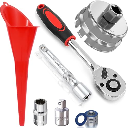 REUNEWAX 64mm 6 Slots 14 Flutes Oil Filter Change Wrench Tool Set for Toyota Corolla, Prius Prime V, Matrix, CT200h, Scion iM/iQ/xD 1.8L Engine, Ratchet Wrench + Socket + Funnel + Gasket