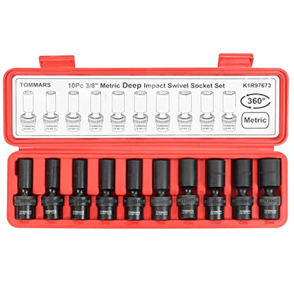 TOMMARS 3/8" Drive Universal Swivel Impact Socket Set Deep, 6 Point Wobble Flexible Socket Set Metric 10-19 mm CR-MO Steel | Deep 6 Point, Wobble Flexible, Metric, CR-MO Steel