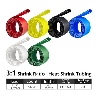 5/16in Heat Shrink Tubing - 3:1 Adhesive Lined, Shrinkable Wire Wrap Tube, 12FT, 6 Colors, Marine Grade Waterproof, Insulated Sealed, Oil & Wear Resistant for Industrial, Automotive, Cable Repair - color: 5/16inch 6colors 12FT