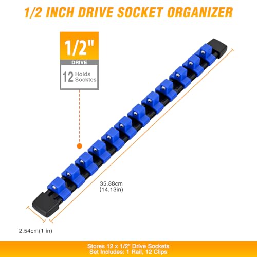 GOOACC Socket Organizer ABS Socket Holder 1/2 Inch Drive Socket Rail Holders Stores up 12 Clips x 1/2" Impact Sockets Organizers Rails for Tool Box Drawer, 1 Piece Blue - size: Clip Rail 1PC 1/2" Blue