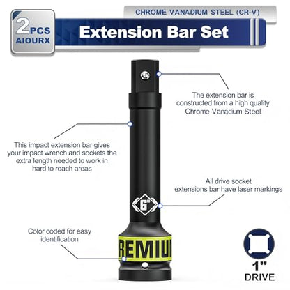 2 Pcs 1" Drive Impact Extension Bar Set, 6" & 10" Length Socket Extensions, CR-V Steel, Narrow and Deep Areas in Bicycle, Automotive Repair or Industrial Operations - size: 1" 6-Inch 10-Inch
