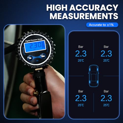 Digital Tire Gauge with Inflator & Deflator - LED Display & 0.1 PSI Resolution - Quick Release Valve & Heavy Duty Chuck - w/Adapter for Car, Truck, SUV, Motorcycle, RV, Balls - size: Upgraded