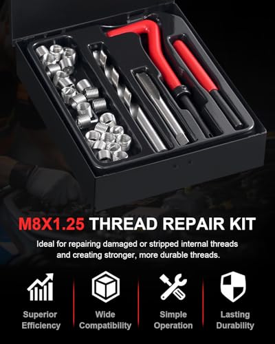 Kolvoii M8×1.25 Helicoil Thread Repair Kit, Metric M8 Helicoil kit with HSS Drill Bit, Tap & Stainless Steel Inserts for Motorcycle Engine, Chassis & Automotive Stripped Hole Repair - size: M8×1.25