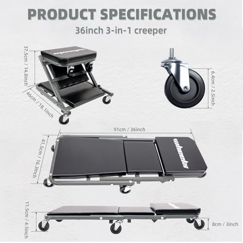 Mechanic Creeper 36 inches 3-in-1 Mode Z Seat 340lbs Capacity, Foldable Garage Adjustable Rolling Folding with 6pcs Wheels Roller, Lay Down Sit Lean Back, Under Car Auto Repair, Grey, Man Gift - color: Gray