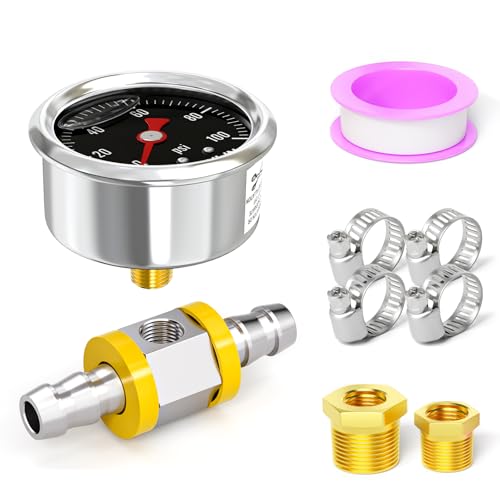 MEANLIN MEASURE 0-100Psi Stainless Steel Glycerin Filled Pressure Gauge 1/8" NPT 1.5" Black Dial, with 3/8" Barb Pressure Adapter Liquid Filled Pressure Gauge (9Pieces Kit, Back Mount) - size: 0-100Psi (Black Dial)
