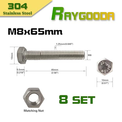 M8-1.25x65mm Hex Bolt and Nut Kit 8set, 304 Stainless Steel (A2-70), Full Thread, Bright Finish, Machine Threaded for Automotive, Machinery, DIY - size: M8x65mm(8 Sets）