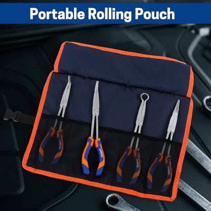4 PCS 11 Inch Long Reach Pliers Set with Handle, Extra Long Needle Nose Pliers Set with Straight, 45°, 90° Bent Needle Nose and Circle Nose for Narrow Spaces - size: 11 Inch - 4 PCS