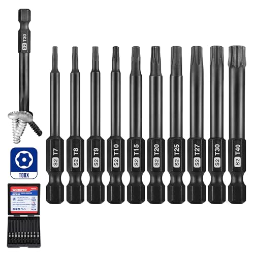 WORKPRO 10pcs Security Torx Bit Set, CNC Machined S2 Steel Star Bit Set, 2.3" Long Tamper Proof Torx Screwdriver bit with Magnetic Tips, Tamper Resistant Fastener Drive Bits with Storage Box - color: Torx