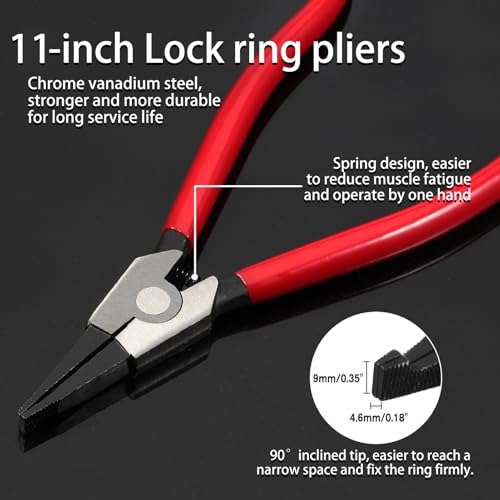 11-Inch Lock Ring Pliers - Flat Snap Ring Pliers with Angle Tip and Reverse Action for Transmission & Transfer Cases - size: 11"