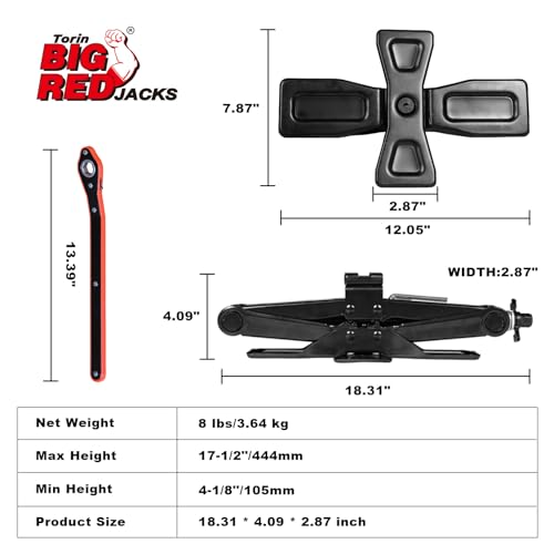 Big RED Wide Base Cross Car Scissor Jack: Steel Portable Quick Lift Tire Jacks Include Ratchet Wrench for Car, Truck, Sedans and MPV, 2 Ton (4,409 lbs) Capacity, Black