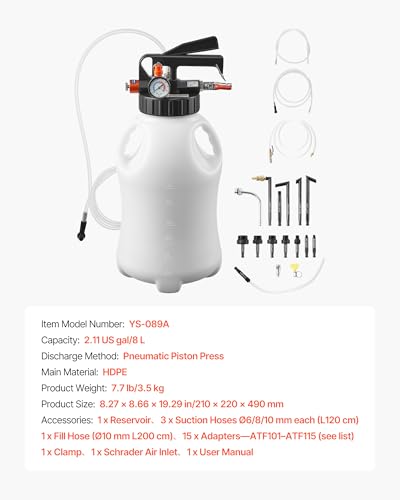 VEVOR Transmission Fluid Pump, 8 L Pneumatic Oil Fluid Extractor, ATF Refill Dispenser Transfer Pump with 15 ATF Adapters, Oil Extractor Dispenser with HDPE Tank for Cars, Boats, Lawn Mowers