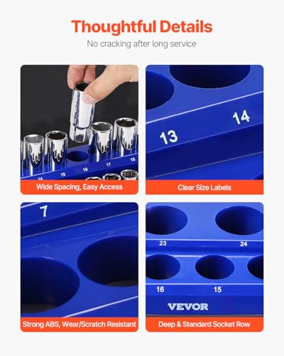 VEVOR Magnetic Socket Organizer Set, 6PCS Socket Holder, 1/4'', 3/8'' & 1/2'' Metric SAE Socket Trays with Clear Labels, Hold up to 143PCS Standard & Deep Sockets, Blue & Red (Sockets Not Included) - style: 6pcs Metric & SAE