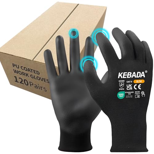 Kebada Safety Work Gloves,120 Pairs Bulk Pack, Touchscreen, PU Coated, Ideal for Warehouse, Construction, Gardening and Mechanics, Black, Small - color: 120 Pairs-black, size: Small