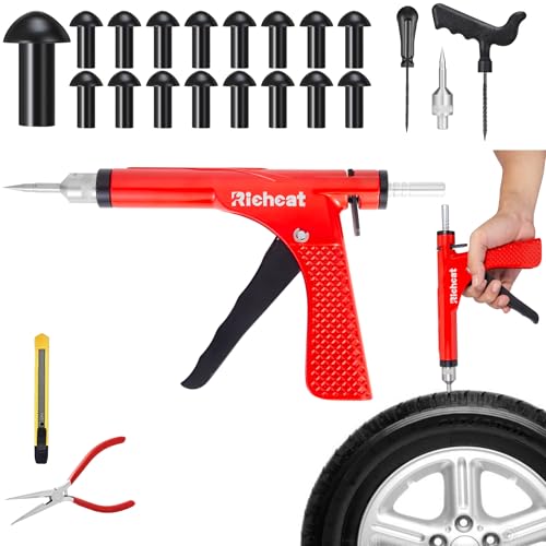 (New model in July 2026) Richcat Tubeless Tire Puncture Repair Kit with Mushroom Plug, repairs punctures and flat tires for motorcycles, cars, trucks, ATVs,Gun Puncture Repair Kit