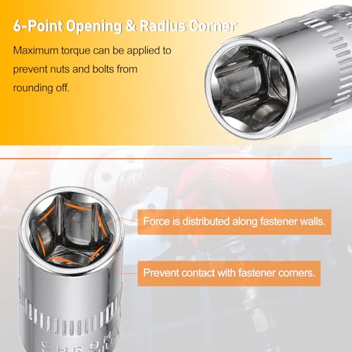 HARFINGTON Deep 6-Point Impact Socket 1/4" Drive 9mm Metric Socket 25mm (1") Long with 1/4" Hex Shank Adapter, CR-V Steel Socket Adapter Accessory Tool Set Kit for Hex Bolts Nuts - size: 9mm x 25mm