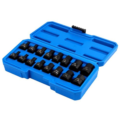 KEILEOHO 16PCS 3/8 Inch Drive Low Profile Impact Hex Driver Set, SAE/Metric Stubby Bit Socket Set (1/4" - 3/4", 6-19mm), Cr-Mo Steel, For Impact Wrench, Automotive, Mechanical Repair