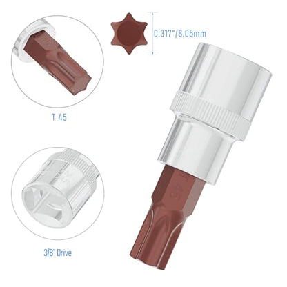 3PCS 3/8" Drive T45 Torx Bit Socket, S2 Steel Bits, Heat Treated CR-V Steel Star Sockets 1.9" Length - size: T45