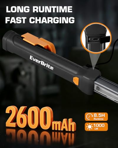 EverBrite 1000LM Magnetic Work Light, Rechargeable LED Mechanic Light with Dual Magnetic Bases & 360° Hanging Hooks, 4 Modes Under Hood Work Light for Car Repair, Garage, Emergency, 1 Pack Black - color: Black