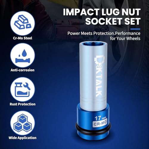 1/2" Drive 17mm Wheel Lug Nut Impact Socket,Color-Coded Non-Marring Deep Thin Wall Socket with Removable Protect Sleeve, 6 Point, Cr-Mo Steel - color: 17mm