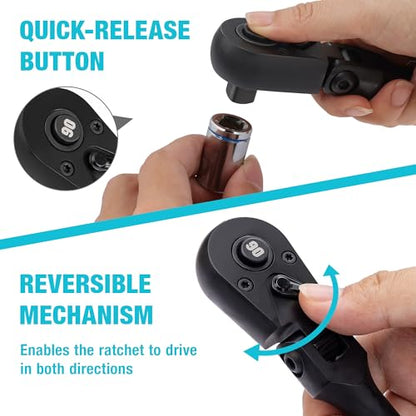 DURATECH 1/2-Inch Drive Flex-Head Ratchet, 90-Tooth Quick-Release Ratchet Wrench with 180° Pivoting Head and 7-Position Setting, Reversible, CR-V Made, CR-MO Head, 4° Swing, Black Mn Phosphate Finish - size: 1/2"(Black)