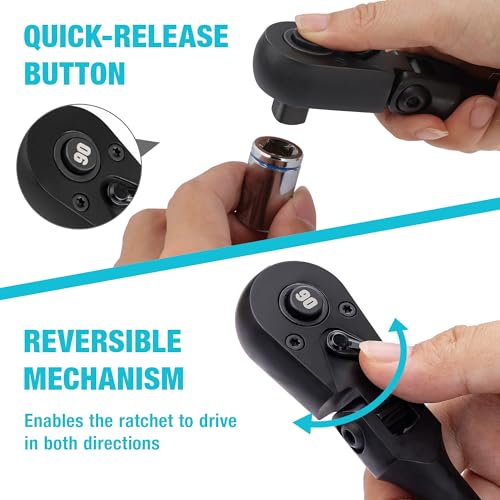 DURATECH 1/2-Inch Drive Flex-Head Ratchet, 90-Tooth Quick-Release Ratchet Wrench with 180° Pivoting Head and 7-Position Setting, Reversible, CR-V Made, CR-MO Head, 4° Swing, Black Mn Phosphate Finish - size: 1/2"(Black)