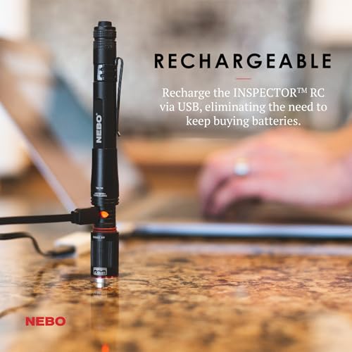 NEBO INSPECTOR RC Pen Light | 360 Lumens, 3 Light Modes, Rechargeable & AAA Battery Powered LED Flashlight, Waterproof, Compact & Durable, Pocket Clip for EDC, Includes USB Charging Cable - style: Black - 360 Lumens