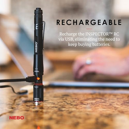 NEBO INSPECTOR RC Pen Light | 360 Lumens, 3 Light Modes, Rechargeable & AAA Battery Powered LED Flashlight, Waterproof, Compact & Durable, Pocket Clip for EDC, Includes USB Charging Cable - style: Black - 360 Lumens