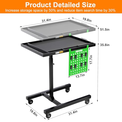 Adjustable Height Mobile Work Table with Rolling Wheels | Rolling Tray Table, For Mechanics, Garages, Repair Shops, Warehouse, Workshop, DIY