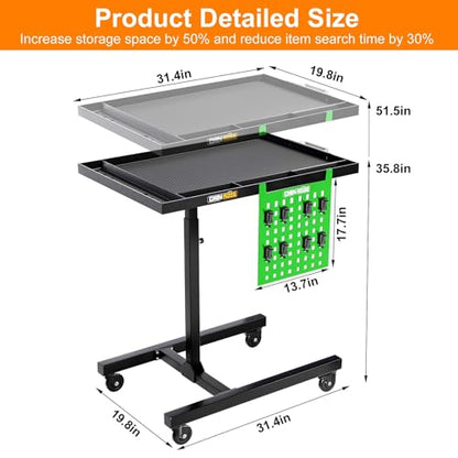 Adjustable Height Mobile Work Table with Rolling Wheels | Rolling Tray Table, For Mechanics, Garages, Repair Shops, Warehouse, Workshop, DIY