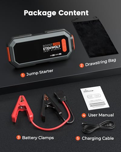 Car Battery Jump Starter Portable, 2000A Peak Jump Box- 12V Car Jump Starter for up to 8.0L Gas and 6.5L Diesel Engines, USB-C Portable Battery Jumper with Jumper Cable, Power Bank, LED Light