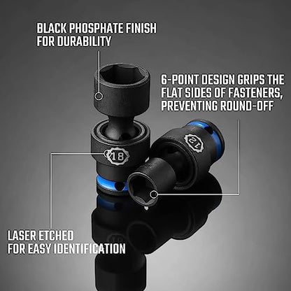 DURATECH 3/8" Drive Impact Universal Joint Socket Set, 16-Piece, 8-24MM | Swivel Socket Set, Metric, Cr-Mo Steel, EVA Foam Organizer - size: 16pc