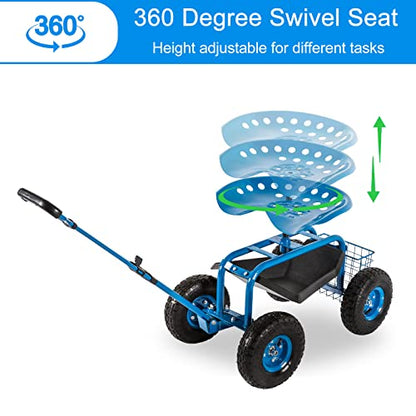 Kinfant Rolling Garden Cart Scooter Stool - Garden Cart with Wheels & Seat, Adjustable Handle 360 Degree Swivel (Blue) - color: Blue