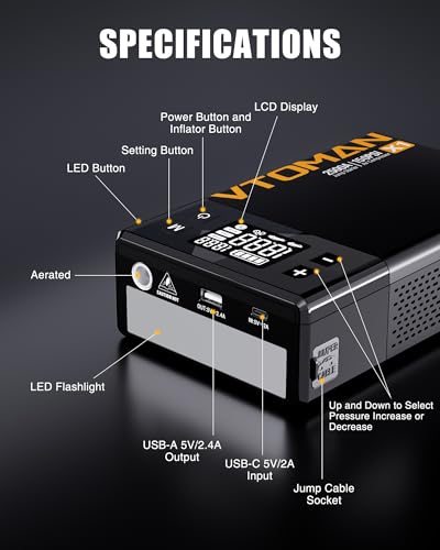 VTOMAN X1 Jump Starter with Air Compressor, Car Battery Jumper Starter (Up to 8.5L Gas/6L Diesel Engine) with 150PSI Auto Tire Inflator, 12V Portable Booster Pack, Lithium Jump Box Charger-Black - color: Black