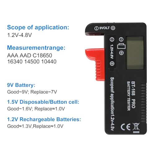 Universal Battery Tester LCD Digital Battery Checker for AA AAA 9V 1.5V 3.7V 1.2-4.8V Batteries, Household Battery Life Level Monitor Power Meter - color: BT-168 PRO
