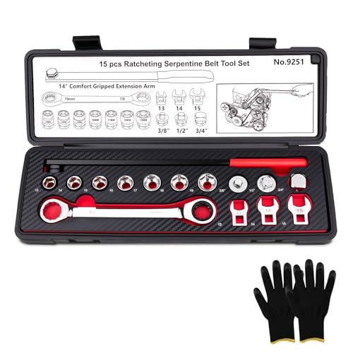 Crizendo15PCS Serpentine Belt Tool Kit, Universal Serpentine Belt Tensioner Tool with 14" Extension Bar & Ratchet Wrench, for Easy Belt Removal and Installation