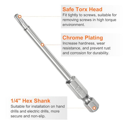 HARFINGTON 2pcs T15 Security Torx Bit 1/4" Hex Shank 3" Long S2 Steel Magnetic Tamper Resistant Star Bits Screwdriver Torx Head with Hole for Driver Drill Bits Remove Fastening Screws - size: T15