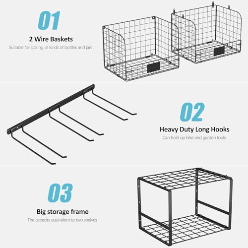 ThreeHio Garage Shelf Wall Mounted with Wire baskets, Heavy Duty Garage Wall Shelving with Garden Tool Rack and Hooks, Wire Shelf Baskets Tool Organizer for Home Garden Yard Organization and Storage
