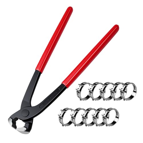 10 Inches Ear Clamp Pliers,Hose Clamp Crimping Tool,Carbon Steel Crimper Tool for Install Remove,Pincer Crimper Tool for Pipe Hose Clamps with 10pcs 1/2"304 Stainless Steel Hose Crimp