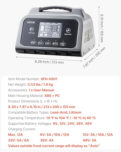 VEVOR Smart Battery Charger, 12A, 6V 12V 24V 36V 48V Lithium LiFePO4 Lead-Acid (Gel/AGM) Car Battery Charger, with LCD Display, Trickle Charging Maintainer Desulfator, for Car, Boat, Motorcycle