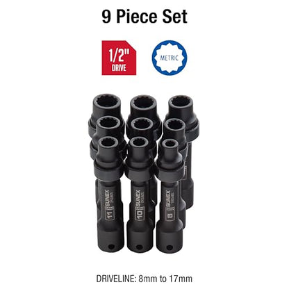 SUNEX TOOLS 2695, ½ Inch Drive Driveline Limited Clearance Socket Set, 12-Point, 9-Piece, Metric, 8mm-17mm, Cr-Mo Steel, Heavy Duty Storage Case