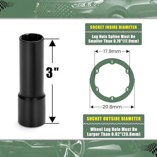Small 6 Point Spline Lug Nut Socket, 1/2-Inch Drive Impact Square Tool – Easily Remove M12x1.5, M12x1.25, 1/2-20, M10x1.25, 3/8-20 Lug Bolts/Nuts | 1 Pc (Black) - size: 6 Spline Socket