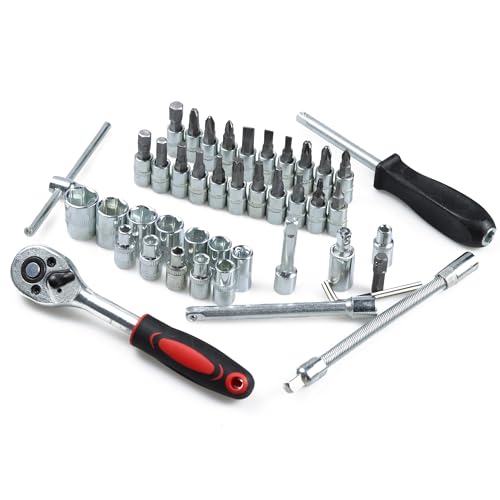 46 Pieces Mechanic Tool Kit,1/4” Dr. Socket Ratchet Wrench Set Bit Sockets Extension Bar,Metric Mechanical Tool Kit for Auto Repairing Household