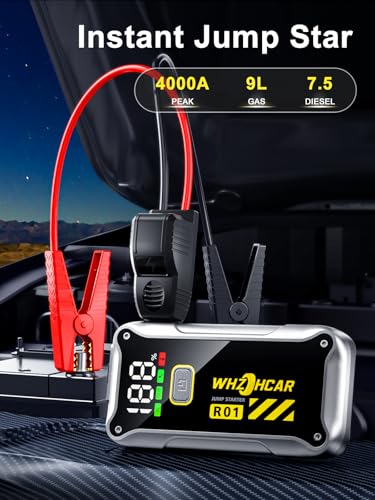 Car Jump Starter,12V 4000A Car Battery Jump Starter (9.0 Gas/7.5L Diesel) Fast Charging Portable Battery Pack with LCD Display Extended Jumper Cables LED Light - color: Black