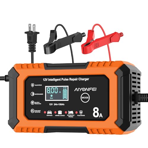 12V Battery Charger 8-Amp Smart Trickle Charger, Orange | Battery Maintainer and Desulfator, Temperature Compensation, for Car, Truck, SUV, Motorcycle, Boat, Lead Acid, LiFePO4 - color: Orange