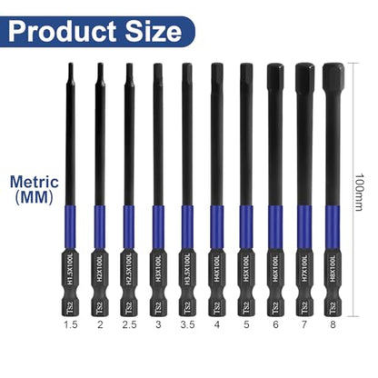 HPHOPE Impact Hex Head Allen Wrench Drill Bit Set 10 Pcs - 4"(Metric) | Premium S2 Steel, CNC Machined Tips wit Magnetism, Storage Box, 1/4" Hex-Shank for Automotive and Home Repairs - size: 100 mm, 10 Pcs, Metric