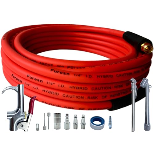 Air Hose 1/4 in x 30 ft, Hybrid Air Compressor Hose Kit with 1/4 in NPT Male Threads, 13 Piece Air Tool & Air Compressor Accessories Kit, Bend Restrictors, 300 PSI (Red, 30FT-13 Pieces) - color: Red