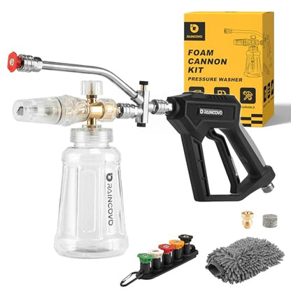 Raincovo Foam Cannon with Short Pressure Washer Gun, Dual Connector Accessories, Snow Soap Attachment for Car Wash, 5 Nozzles Tips with Holder, 1/4” Quick Connect, Additional 1.1 mm Orifice Nozzle