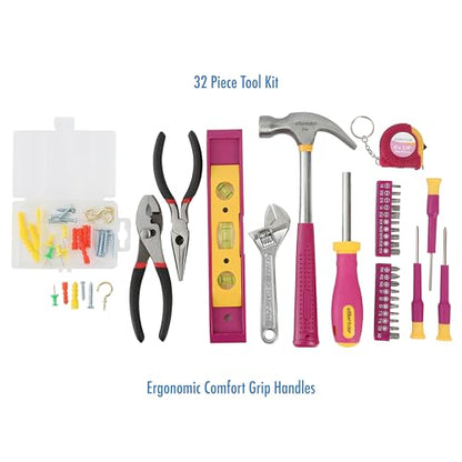 Pink Tool Set 32 Piece, Mini Tool Kit, Home Repair Tool Set with Hammer, Pliers, Adjustable Wrench, Screwdrivers, Tape Measure, Level, and Bits, Dorm Room Essentials for Girls